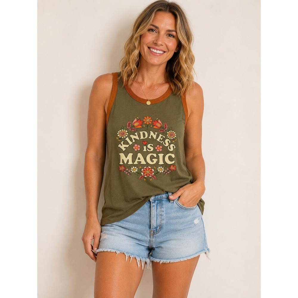 Natural Life‎ Kindness Is Magic Ringer Tank Top Womens Small Green Orange Floral